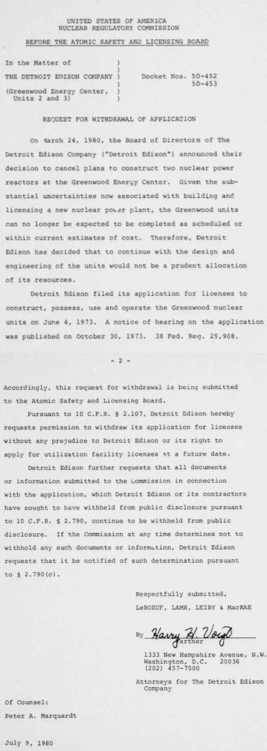 Greenwood Nuclear Power Plant (Cancelled) - 1980 Formal Request Of Withdrawal Of Application To Nrc